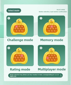 Detail of duck-shaped pop-it game showing four interactive play modes with LED buttons