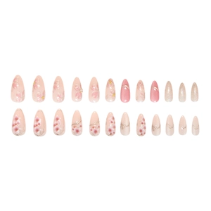 24pcs pink cat-eye almond press-on nails with golden floral patterns and glitter details