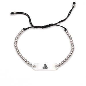 Adjustable woven bracelet with silver eagle engraved rectangle bar and polished metal beads