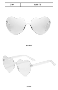 Front and 45-degree side view of white heart-shaped rimless sunglasses in transparent PC