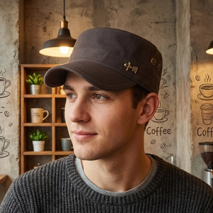 Men's tan cotton cadet hat with gold metal China badge and breathable side eyelets