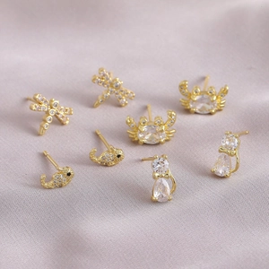 Exquisite gold-plated animal stud earrings with crystal zircon in蜻蜓, crab, whale, cat shapes