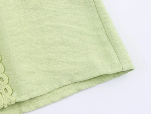 Detail of light green cotton shirt fabric featuring intricate lace trim and texture