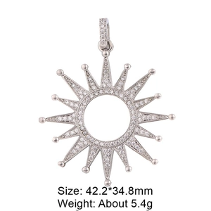 Detail view of silver sun pendant with white stones and 42.2x34.8mm size specs