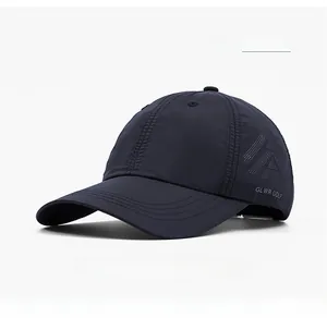 Detail of navy blue quick-dry baseball cap featuring breathable vents and GLWR GOLF logo