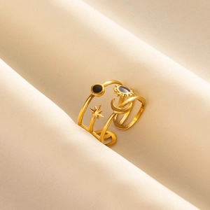 18k gold plated stainless steel multi-layer open ring with sun moon and star motifs