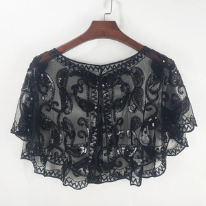 Women's black sheer mesh sequin shawl with intricate embroidery and wavy edges