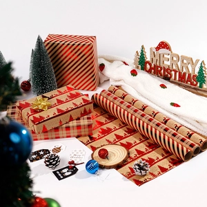 High-end vintage kraft Christmas gift wrapping paper rolls with red foil gold patterns