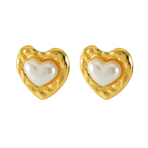 French vintage heart earrings with textured gold metal and inlaid white pearls