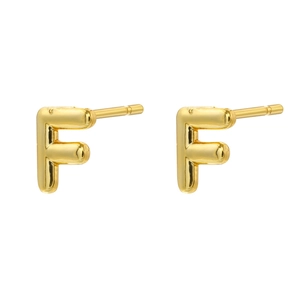 Detail view of 18K gold plated minimalist letter F stud earrings for women