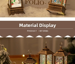 Detail of vintage bronze Christmas lantern with sparkling snow effect and Santa figurine