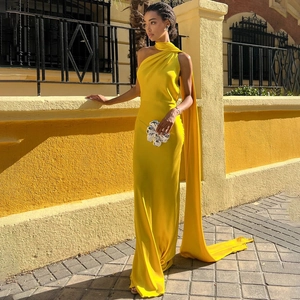 Elegant yellow satin one-shoulder backless maxi dress with stylish cape design