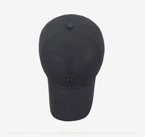 Top view of dark grey mesh baseball cap with R letter embroidery and breathable holes