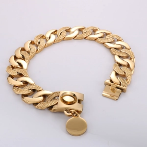 Detail view of 30mm gold Cuban link dog collar with engravable round tag and buckle