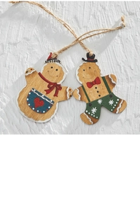 Detail view of two hand-painted wooden gingerbread man ornaments with jute rope hangers