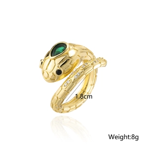 Punk 18K gold plated snake open ring with green gemstone and sparkling accents