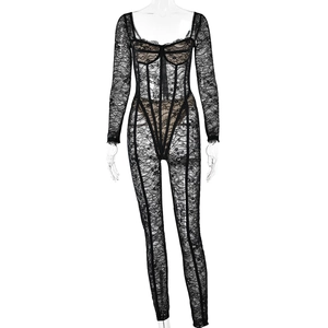 Detail of black lace long sleeve catsuit with sheer floral patterns and corset boning
