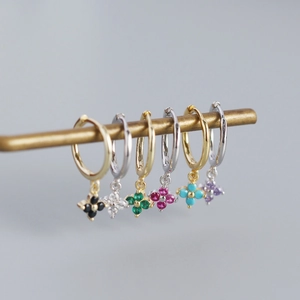 French style S925 sterling silver clover earrings with colorful zircon inlays