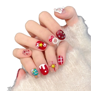 Christmas snowman press-on nails with 3D cute hand-painted art and festive red patterns