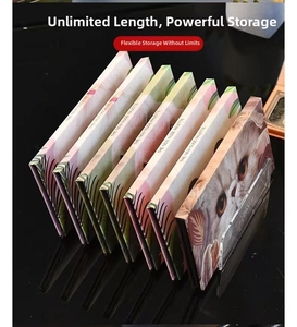 Macro view of transparent acrylic organizer rack holding six cat themed eyeshadow palettes