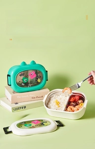 Detail of 304 stainless steel lunch box with divided compartments and cartoon lid