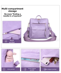 Details der Innenfächer und Seitentaschen des lila Rucksacks aus genarbtem Leder