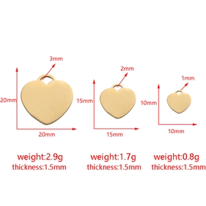 Three sizes of gold stainless steel heart pendants with detailed dimensions and specs