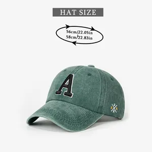 Detailed size chart for vintage washed cotton baseball cap with adjustable strap