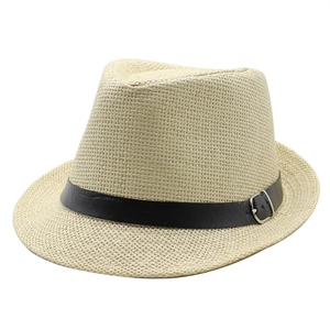 Summer Panama style straw fedora with black leather band and silver buckle on white background