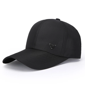 Black mesh baseball cap featuring a triangular metal logo and curved brim for men