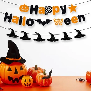 Happy Halloween banner set with orange pumpkin letters and black sequin wizard hats