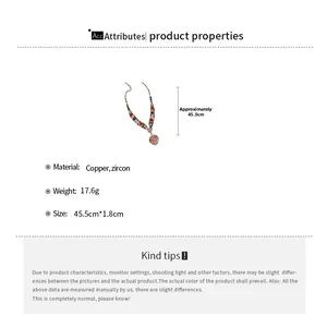 Detailed specs of V-shaped zircon heart pendant necklace with copper material details