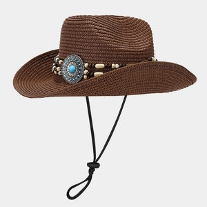 Detailed texture of brown straw cowboy hat with turquoise bead and chin strap