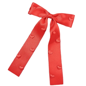 Red satin bow hair clip with 3D hearts for women, elegant Valentine hair accessory