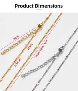 Detail of 18k gold and silver stainless steel sequin chains with lobster clasp and size labels