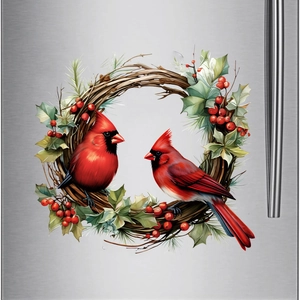 Christmas window sticker featuring red cardinals on a holly berry wreath for fridge decor