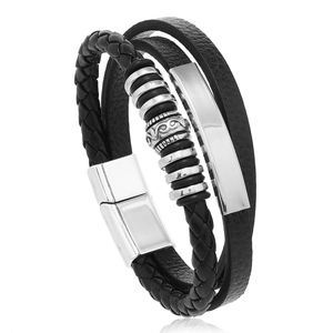 Retro Viking multilayer braided leather bracelet for men with silver magnetic clasp
