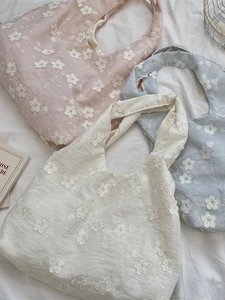 Floral embroidered tote bags in pink blue and white colors with elegant sheer fabric