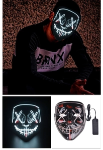 Detail of LED Halloween mask with white EL wire X eyes, red blood splatters and controller