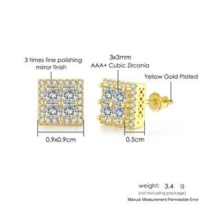 Hip hop square zircon stud earrings with gold plating and full micro-paved CZ stones