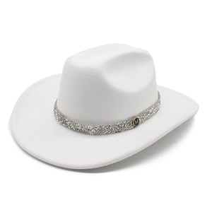 White felt fedora hat with sparkly rhinestone band and metal M logo for women