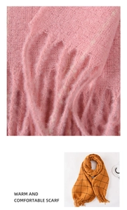 Detailed knit texture of pink plaid scarf with tassels and warm orange checkered shawl