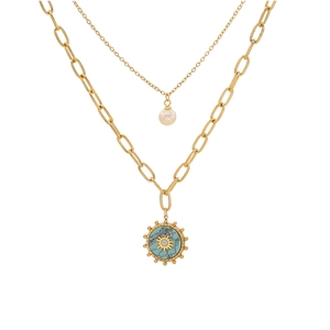 Double-layer gold necklace with white pearl and turquoise sunflower pendant on white background