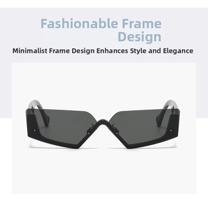 Detail shot of black geometric polygonal frame sunglasses with modern dark tinted lenses