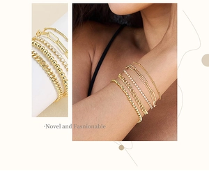 Detail of 4-piece gold layered bracelet set including Cuban, tennis, and paperclip chains