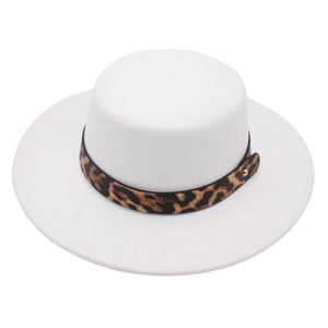 Boater Hat Flat Top Wide Brim Woolen Felt Leopard Print Band Vintage Elegant Fedora For Women