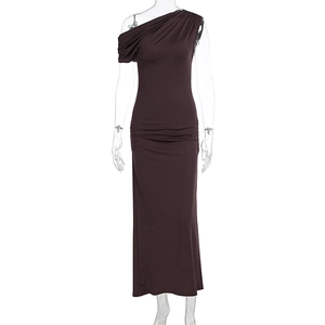 Detail of dark chocolate one-shoulder maxi dress with ruched waist and elegant drapes