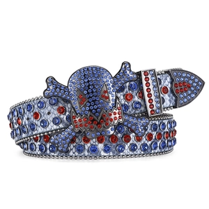 Macro detail of gothic skull buckle belt with vibrant red and blue rhinestone inlay