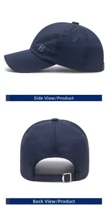 Detail view of quick-dry baseball cap with laser-cut side vents and adjustable metal buckle