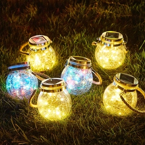 Outdoor solar crackle glass jar lights with jute rope handles for garden decoration